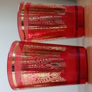 Vintage Moroccan Tea Glasses Red with Gold Embellished Turkish Motif Set of 2